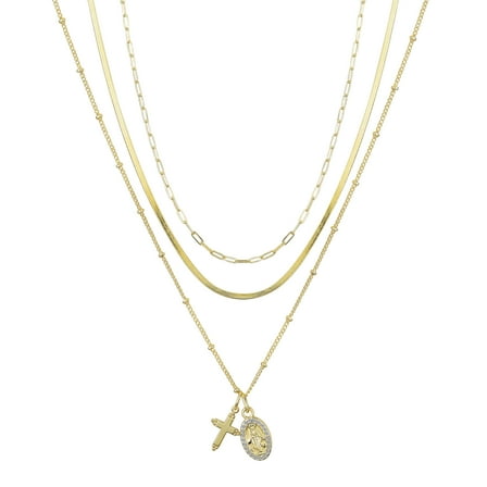 Believe by Brilliance Women's 14Kt Gold Flash-Plated Genuine Crystal Cross and Virgin Mary Layered Pendant Necklaces, 16 2", 17 2", 18 2" Extender