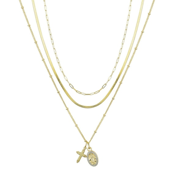 Believe by Brilliance Women's 14Kt Gold Flash-Plated Genuine Crystal Cross and Virgin Mary Layered Pendant Necklaces, 16 2", 17 2", 18 2" Extender