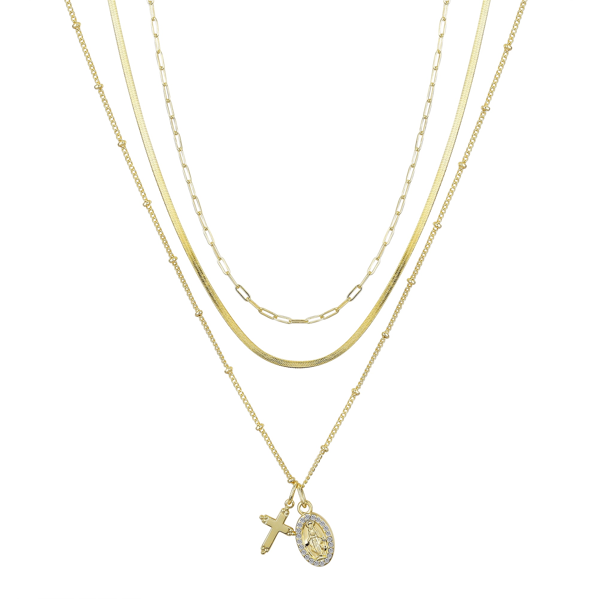 Believe by Brilliance Women's 14Kt Gold Flash-Plated Genuine Crystal Cross and Virgin Mary Layered Pendant Necklaces, 16+2", 17+2", 18+2" Extender