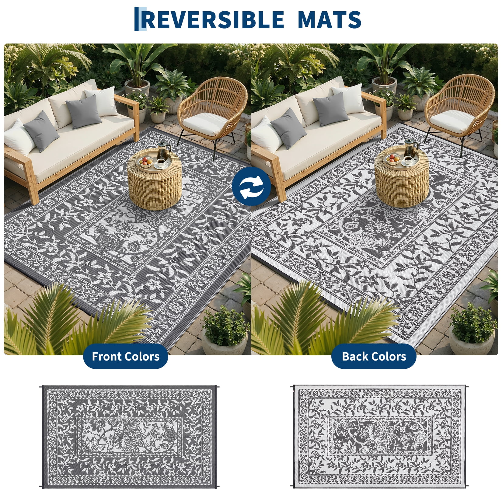 Garvee Outdoor Rug 9x12ft Waterproof Reversible Foldable Plastic Straw Rug, Modern Floral Border Outdoor Mat for Patio, Camping, RV, Deck, Porch, Balcony, Gray/White