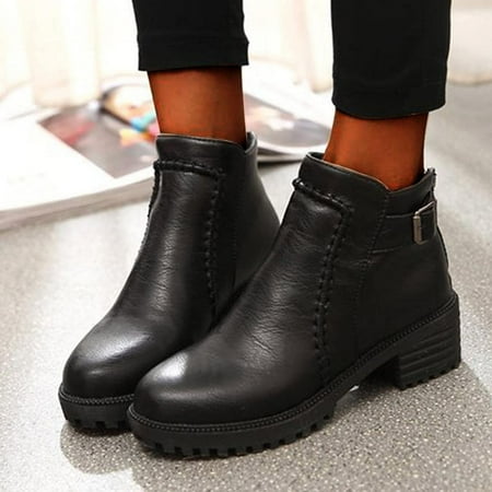 

Fesfesfes Faux-Leather Boots for Women Round Toe Zipper Comfy Casual Shoes Solid Comfortable Middle Heeled Short Shoes 5.5(36)