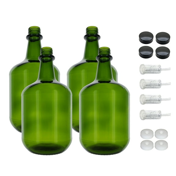 3L Jug Champagne Green - White Cap with Hole, Econo Three-Piece Airlock, and Polyseal Cap Pack of Four