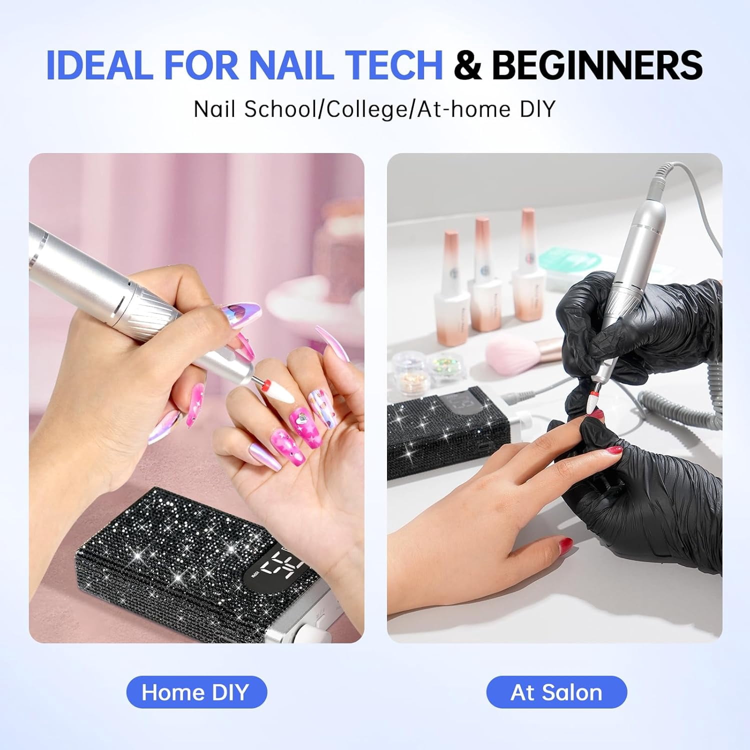 Nail Dust Collector, Dust Collector Nail Tech & Rechargeable 35000RPM Nail Drill Sparkling Professional Electric Nail File & UV LED Nail Lamp Rechargeable Sparkly Nail Dryer