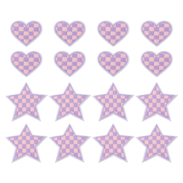 Uxcell 18 Pcs Parche Bordado de Corazón Estrella a Cuadros para Planchar, Aplicaciones para Coser en Chaquetas, Colección de Denim, Ropa, Vestidos, Sombreros, Jeans, Accesorio DIY, Púrpura Claro/Rosa