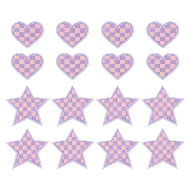 Uxcell 32 Pcs Corazón Estrella Parche de Planchar a Cuadros Bordados Aplicaciones Parche para Chaqueta Colección de Denim Ropa Vestido Gorras Jeans Accesorio DIY, Púrpura Claro/Rosa