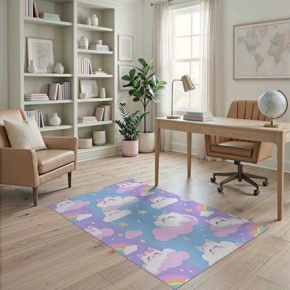 ODIKA Classroom Kawaii Cute Faces Sprinkles Purple Video Pastel Stars Stain Resistant Low Profile for Dorm Room, Small Living Apartment