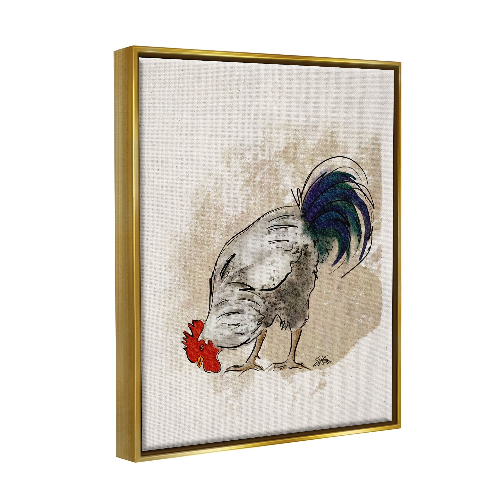 Stupell Farmhouse Chicken Country Animal Animals & Insects Painting Gold Floater Framed Art Print Wall Art