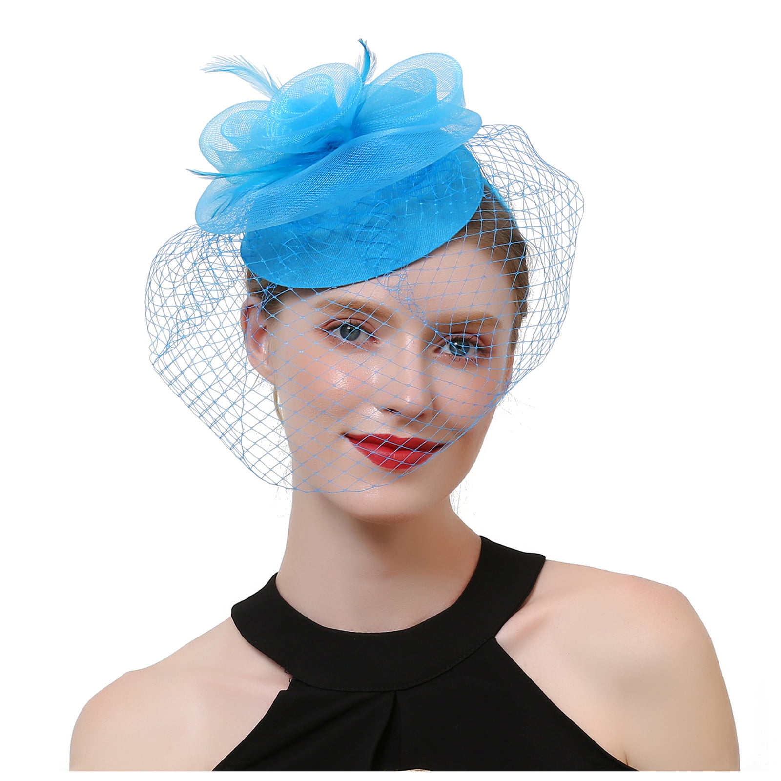 Blue Wedding Festival Party Satin Small Hat Feather Fascinator Hair Clip for Women 
