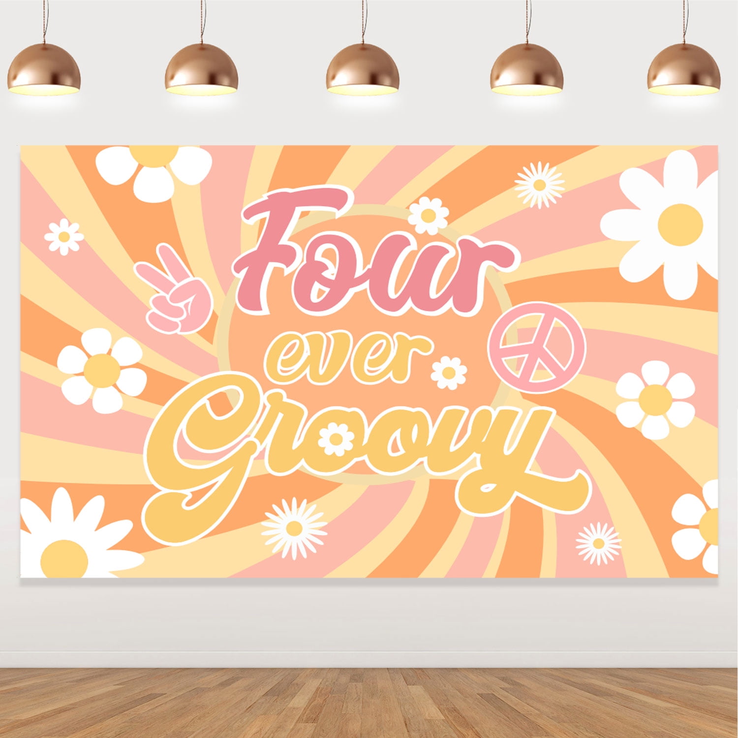 Four Ever Groovy Happy Birthday Backdrop Banner, Retro Hippie Boho Girl