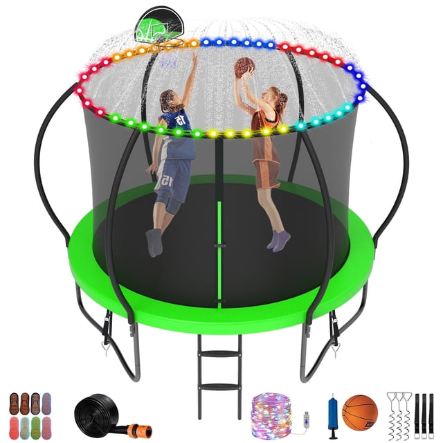 Jump Into Fun Trampoline 10FT, 1000LBS Trampoline for Kids and Adults with Enclosure, Basketball Hoop, Wind Stakes, LED light, Sprinkler and Socks, Outdoor Galvanized Full Spray Round Trampoline