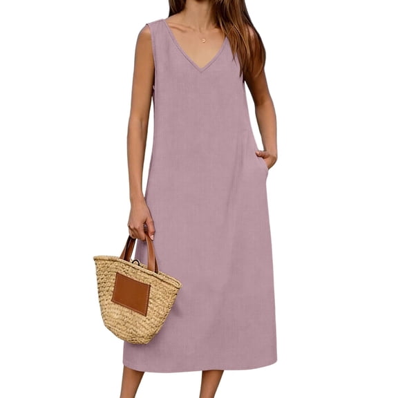 Womens Summer Dresses Sevevn Women's Linen Blend V-Neck Midi Dress Sleeveless Casual Beach Dress with Pockets Purple XL