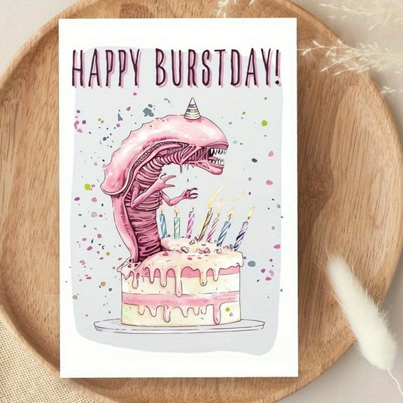 Happy Burstday Card with Alien Cake Design – Unique Birthday Greeting Card for Friends or Family – Blank Inside with Envelope – Fun and Quirky Birthday Celebration Card