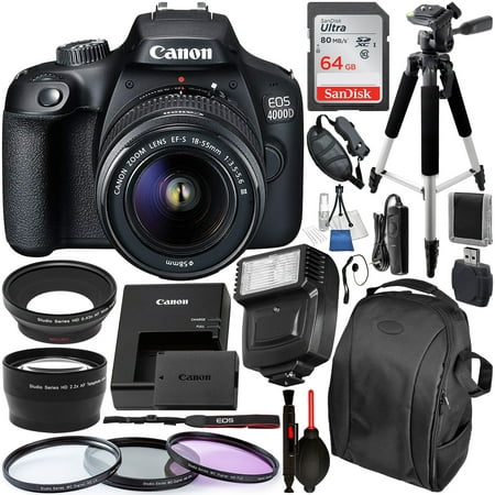 Canon EOS 4000D / Rebel T100 DSLR Camera with 18-55mm III Lens and Essential Accessory Bundle - Includes SanDisk Ultra 64GB SDXC Memory Card & Slave Flash & 3PC Multi-Coated Filter Set &