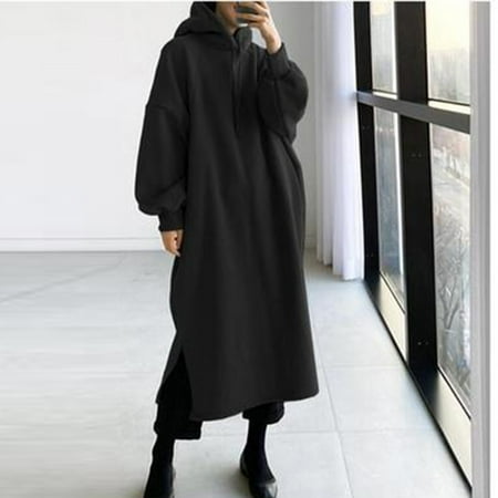 

Leesechin Womens Dresses Clearance Summer O-Neck Solid Loose Hooded Comfy Long Sleeve Dress