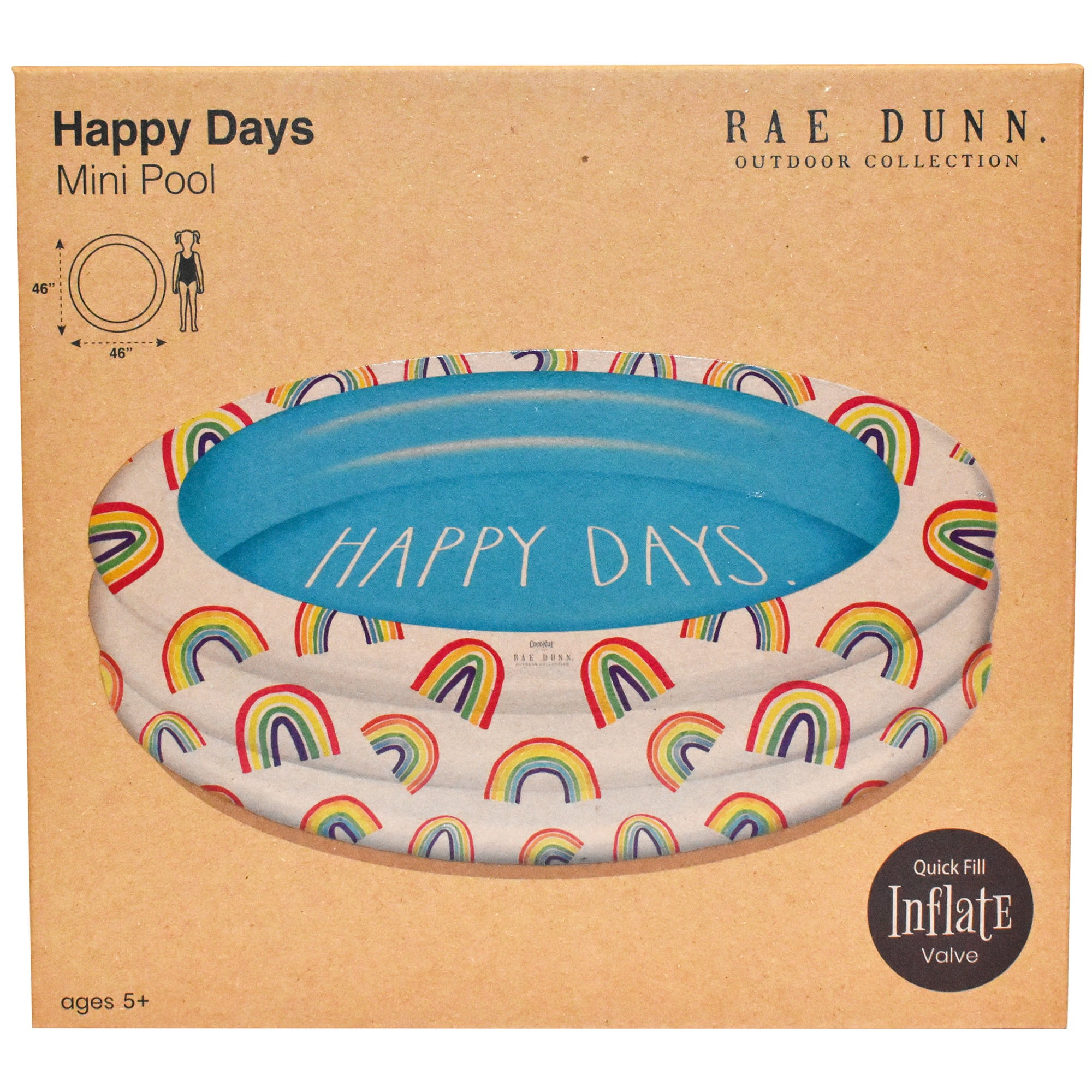 Rae Dunn: Happy Days Aqua Rainbow- 46" Mini Pool, CocoNut Float, Outdoor Inflatable Water Kiddie Pool, Kids Ages 5+