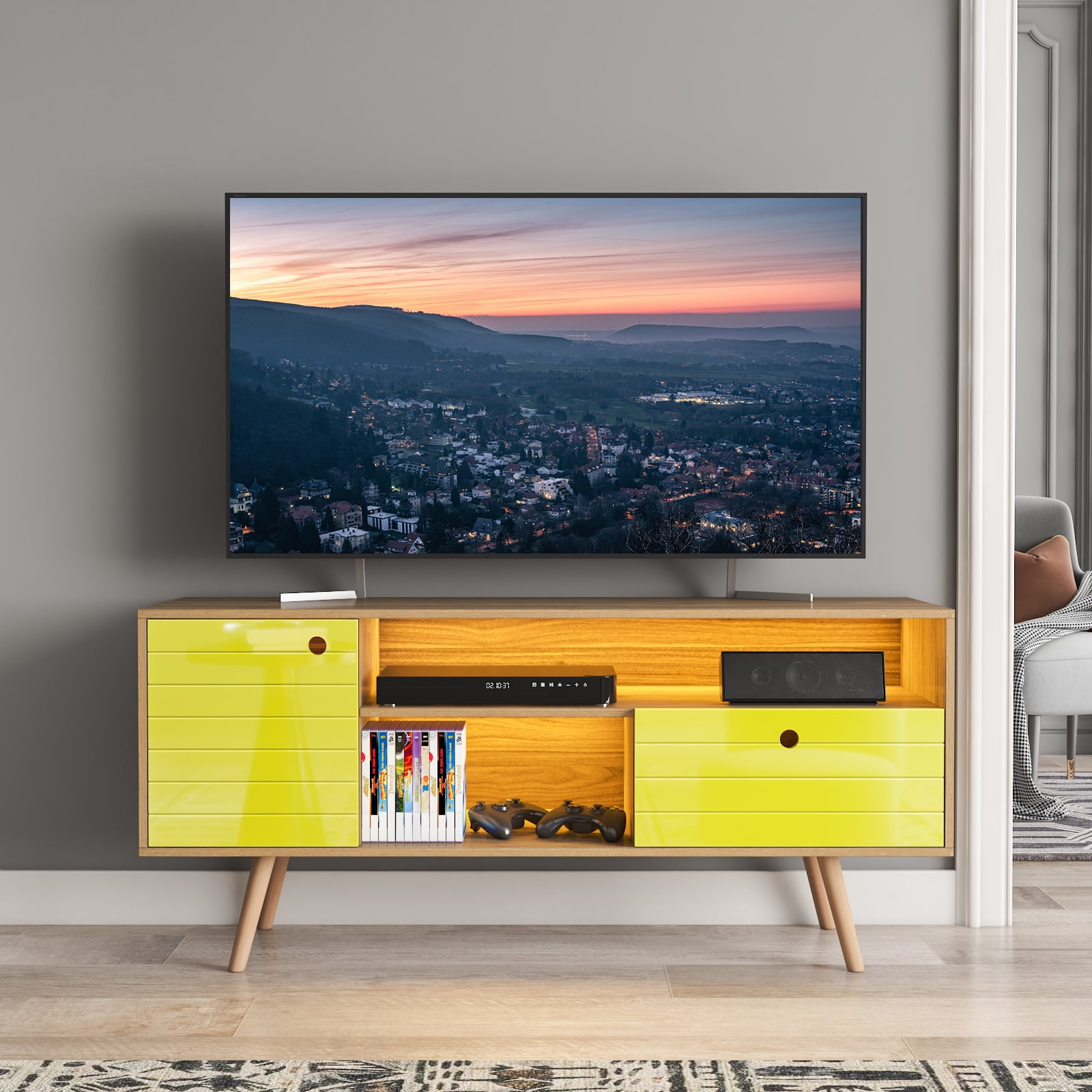 Hommpa LED TV Stand Modern TV with Drawers Storage Media