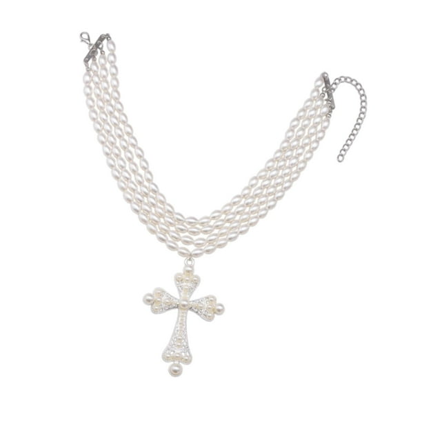 Collar con colgante de cruz apilado, estilo gótico de moda para mujer para banquetes. Color plata