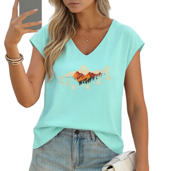 UNISHE Women's Trout Fish with Mountain Forest Landscape V-Neck Sleeveless T-Shirt Breathable Summer Tank Top