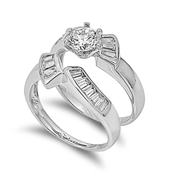 Round Center with Baguette Stones Cubic Zirconia Wedding Set Ring Sterling Silver 925