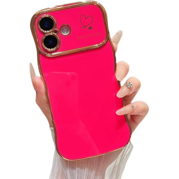 XIHAMA for iPhone 16/Plus/Pro Max/Pro Case ,Cute Curly Wave Frame Case with Love Heart Pattern,Luxury Plating Edge Full Camera Protection Shockproof Phone Case for Women
