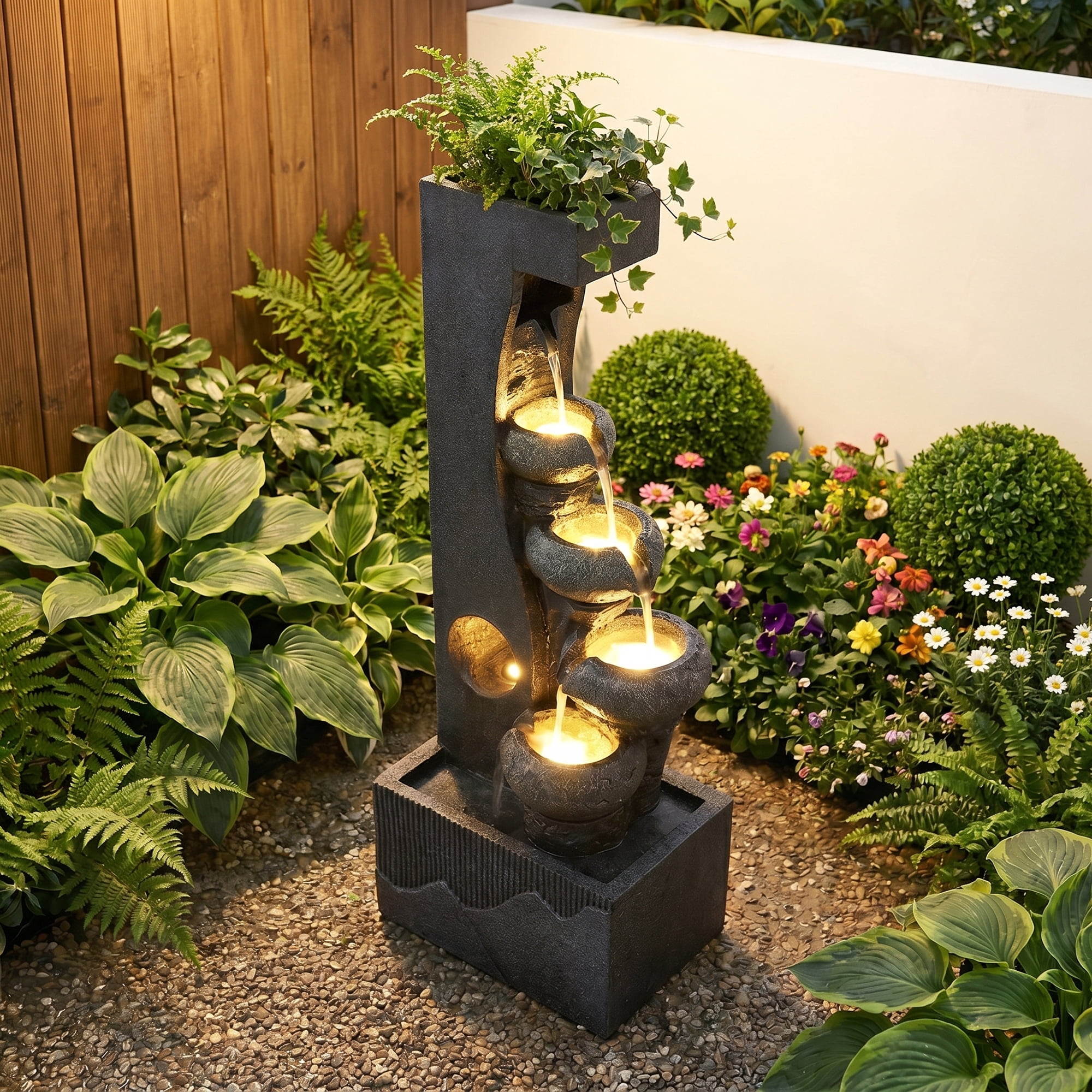 Magic Union 4-Tier Outdoor Water Fountain with LED Lights, 39.2" Tall Resin Cascading Waterfall Fountain with Planter Areas, Modern Calming Water Feature for Patio Balcony Deck Garden Yard Decor