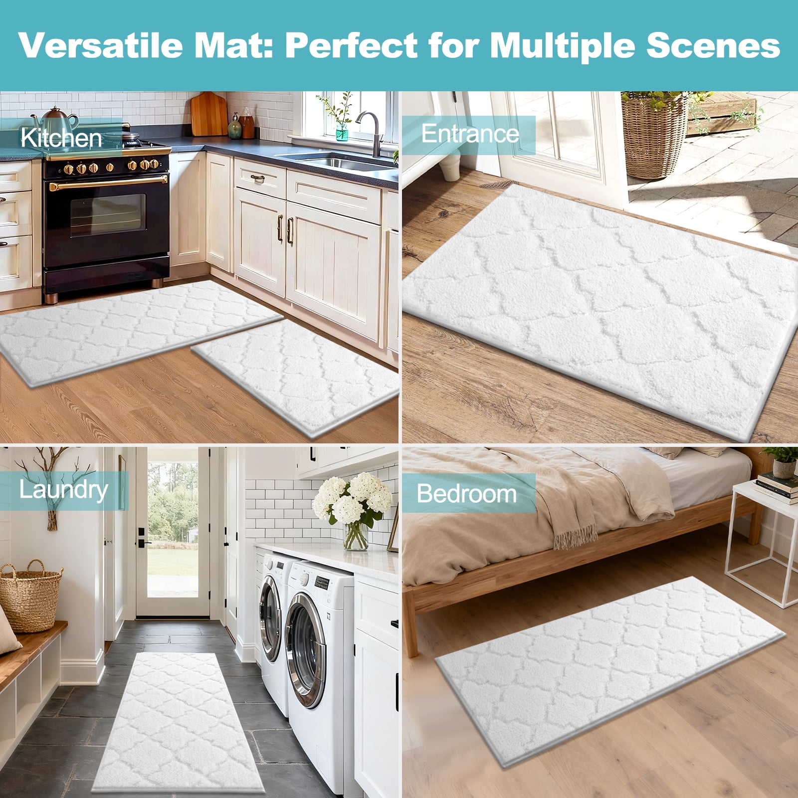 Findosom Bathroom Rugs Sets 3 Pcs,Non Slip Soft Absorbent Microfiber Bath Mats and U-Shaped Contour Toilet Rug,Machine Washable Plush Shaggy Bath Mat Set for Bathroom 18"x26"+18"x48"+U 20"x24" White