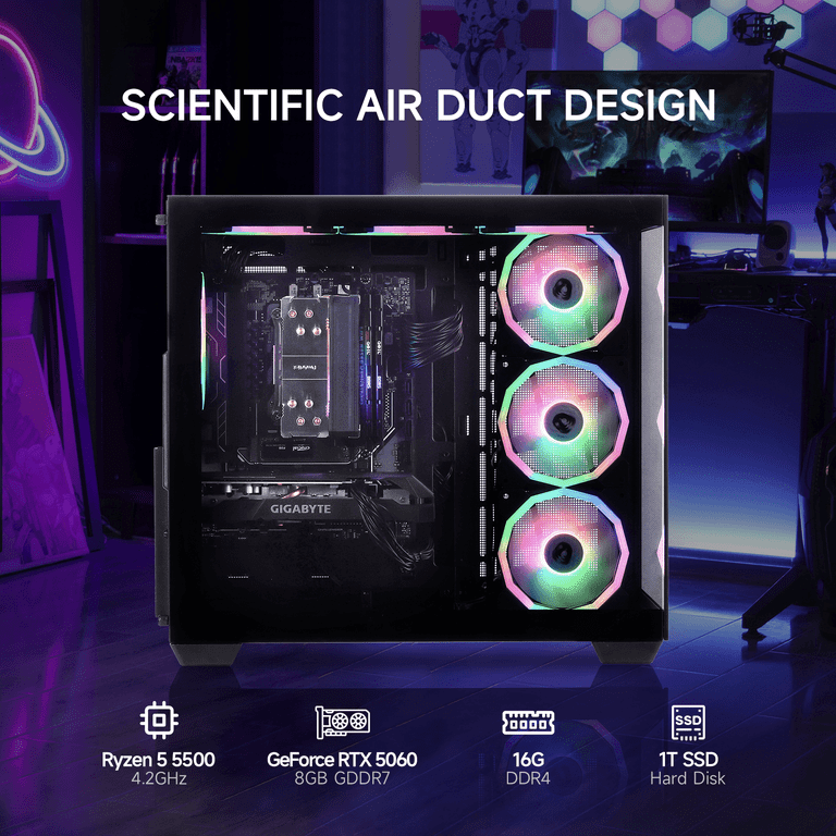 Mloong Gaming PC Desktop AMD Ryzen 5 5600 GeForce RTX 4060 1TB SSD 16GB RAM 650W Win11 WIFI