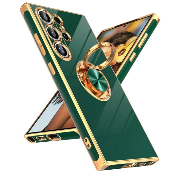LEYI for Samsung Galaxy S24 Ultra 5G Case, S24 Ultra Case with 360 Rotatable Ring Holder Magnetic Kickstand, Plating Rose Gold Edge Protective Case for Samsung S24 Ultra, Green