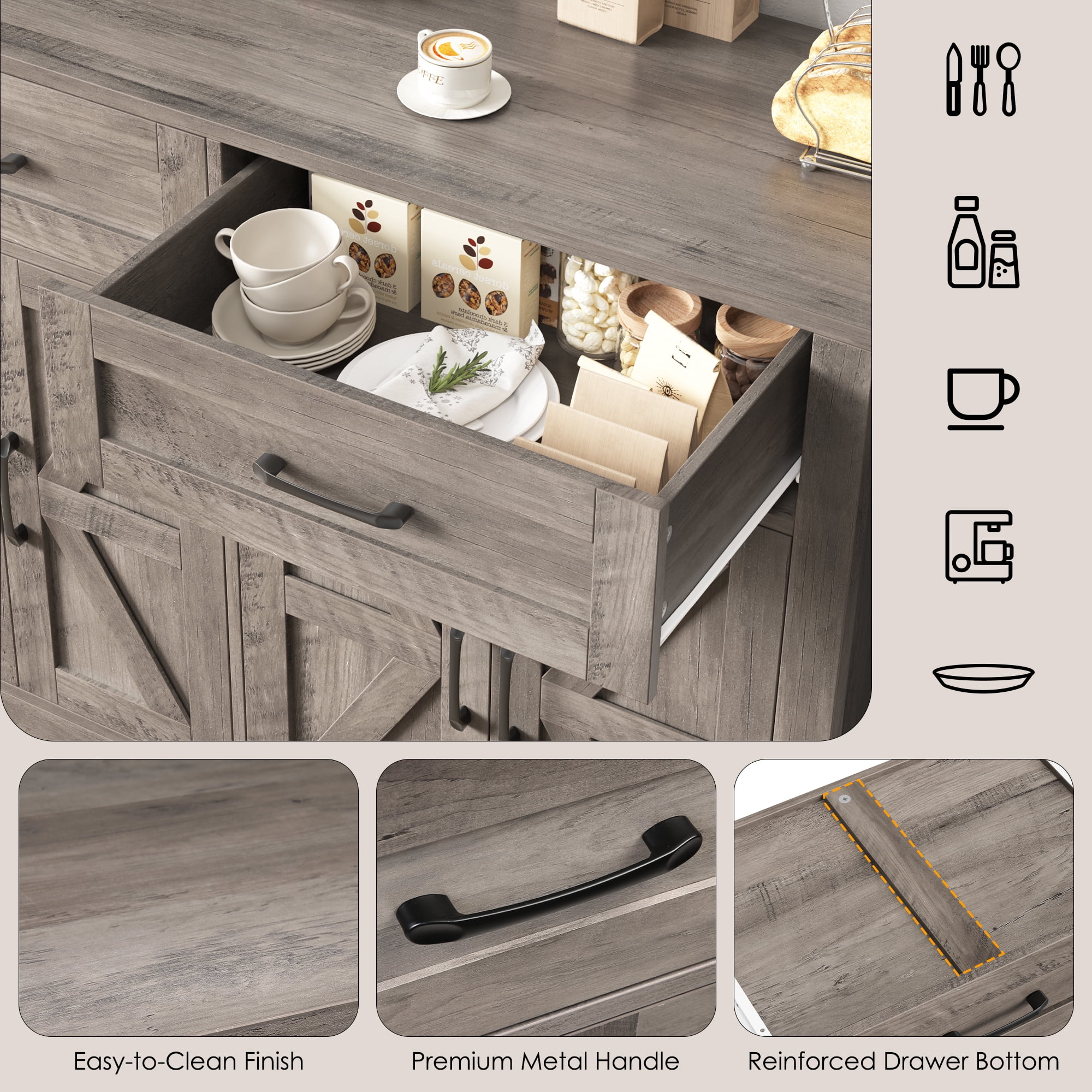 Homfa Buffet Cabinet with 2 Drawers and 4 Doors, Kitchen Sideboard Storage Cabinet, Farmhouse Coffee Bar Cabinet for Dining Room, White & Brown, Gray