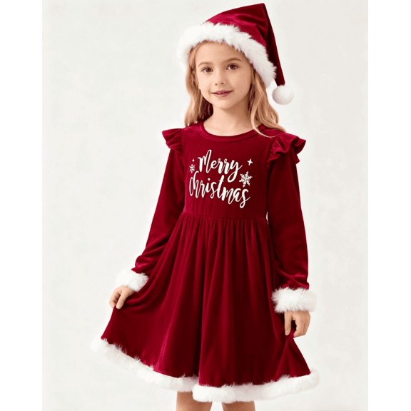 Fdqin Girls Christmas Dresses Velvet Long Sleeve Letter Print Plush Crew Neck Dress with Santa Hat Winter Christmas Outfit Red 4-5 Years