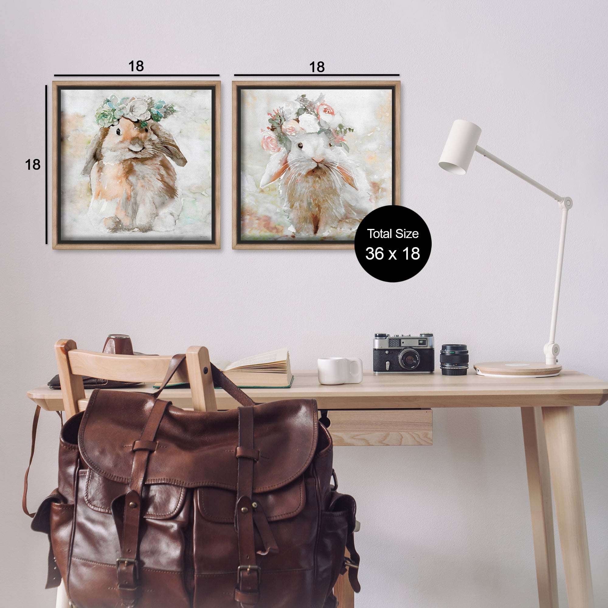 Stupell Industries Soft Spring Floral Bunnies Animals Painting Brown Floater Framed Canvas Art Print Wall Art, 18 x 18, Set of 2