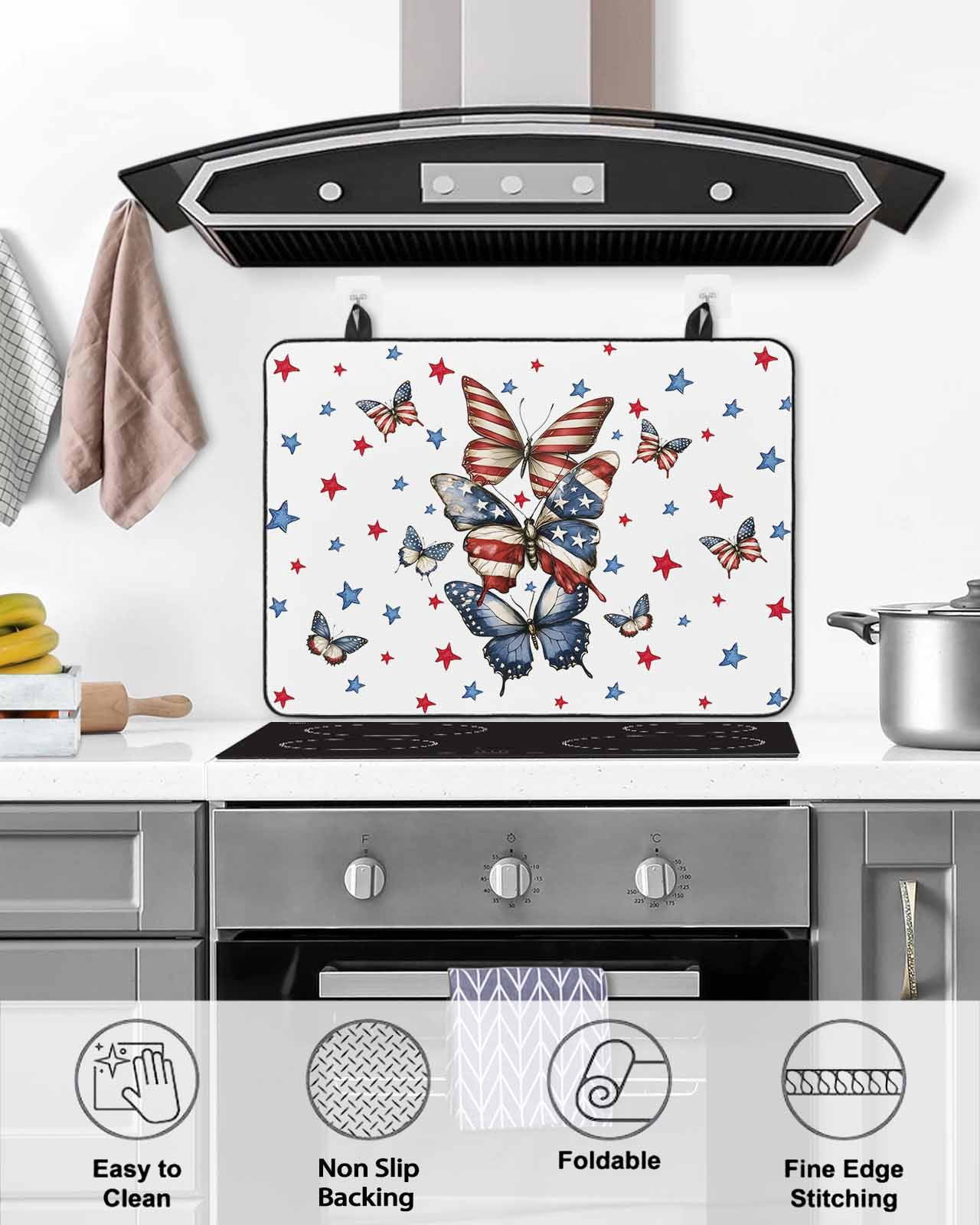 nqOlkjepod Large Induction Cooktop Protector Mat 36"x21", Butterfly 4th of July Stove Top Covers for Electric Stove, Independence Day Blue Red Star Stove Burner Cover Mats, Glass Top Stove Cover