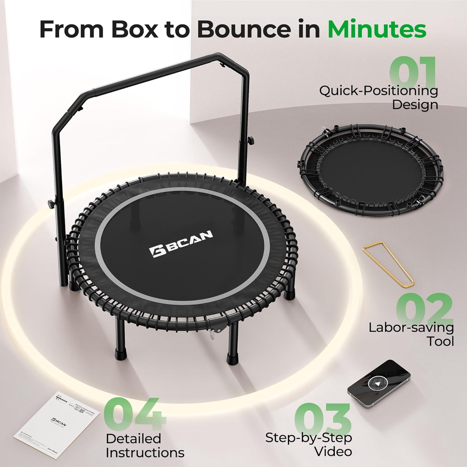 BCAN BT2 40-Inch Adult Mini Rebounder Trampoline, 450-pound weight capacity, adjustable handrails, and a Silent Resistance Band Design, suitable for indoor and outdoor home workouts