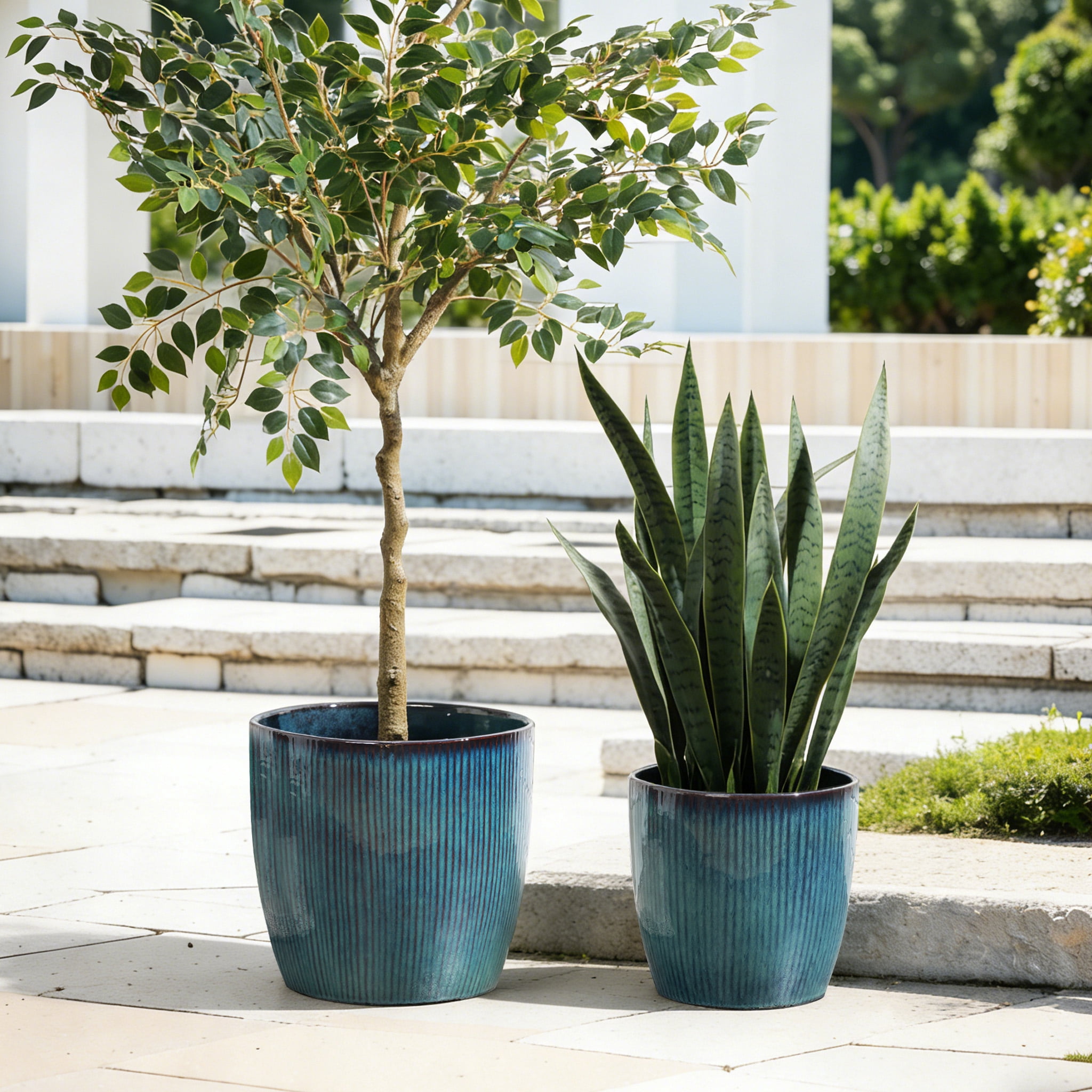 LuxenHome 12" Dia Large Round Plant Pots with Vertical Line Texture, Modern Blue Ceramic Planter for Living Room, Patio, Garden