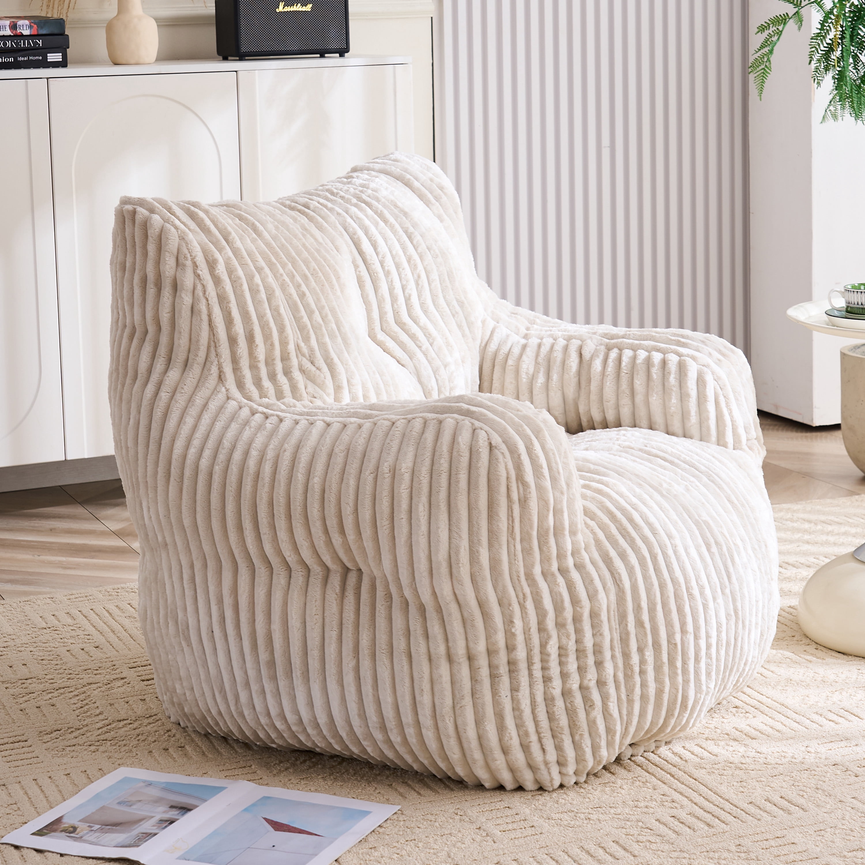 Soft Fluffy Corduroy Fabric Bean Bag Chair Filled With Memory Sponge, Beige