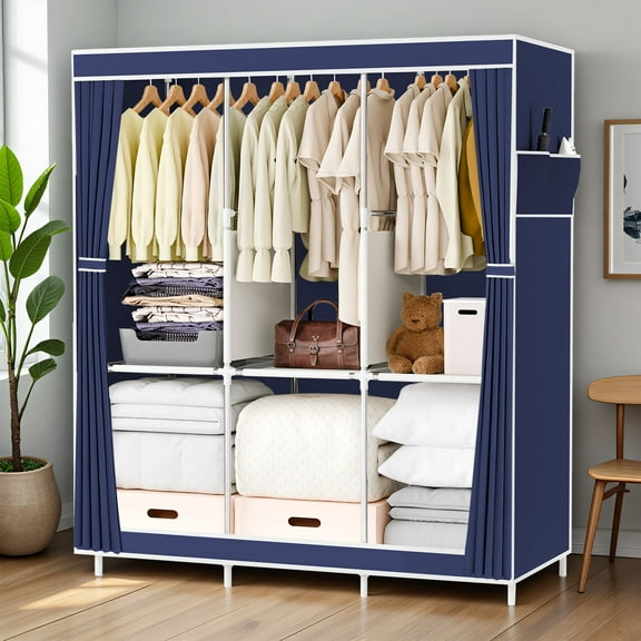 Portable Closet Organizer with Cover, Non-woven Fabric Clothing Rack Shelf, Dustproof Wardrobe Closet Storage, Navy Blue