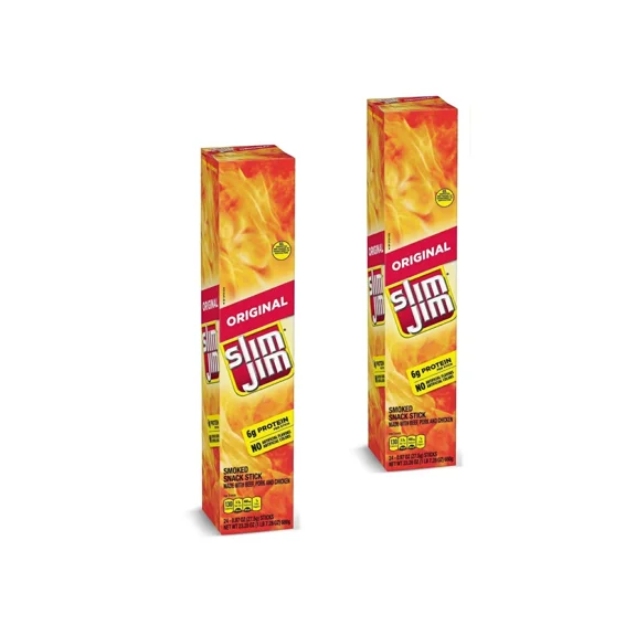 Slim Jim Giant Original Flavor Smoked Meat Sticks 24 Count 6g Protein Snack - 2 Pack