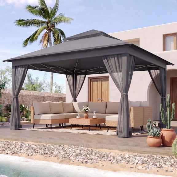 KAMEROUT 11x11 Pop Up Gazebo Canopy Tent with Mosquito Netting, One-Push Instant Setup, Height Adjustable Outdoor Canopy for Backyard, Parties, BBQ, Patio, Gray