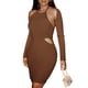 thumbnail image 1 of Vestido ajustado con cuello halter Color puro Recorte en la cintura Espalda abierta Mangas largas Vestido ajustado para citas Compras Marrón L, 1 of 8