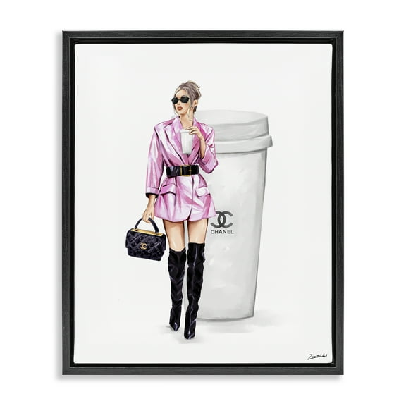 Stupell Industries Trendy Girl with Coffee Novelty Painting Black Floater Framed Art Print Wall Art, 17 x 21