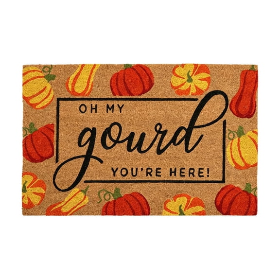 Fall Natural Coir Door Mat, Oh My Gourd You're Here Floor Mat Non-Slip Entrance Door Rugs for Autumn Thanksgiving Indoor Outdoor Bathroom Decor