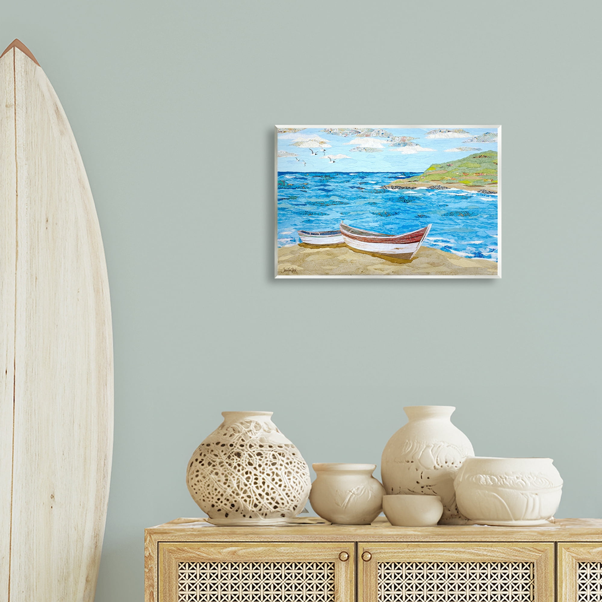 Stupell Industries Mykonos Docked Boat Landscape Painting Unframed Art Print Wall Art, 19 x 13
