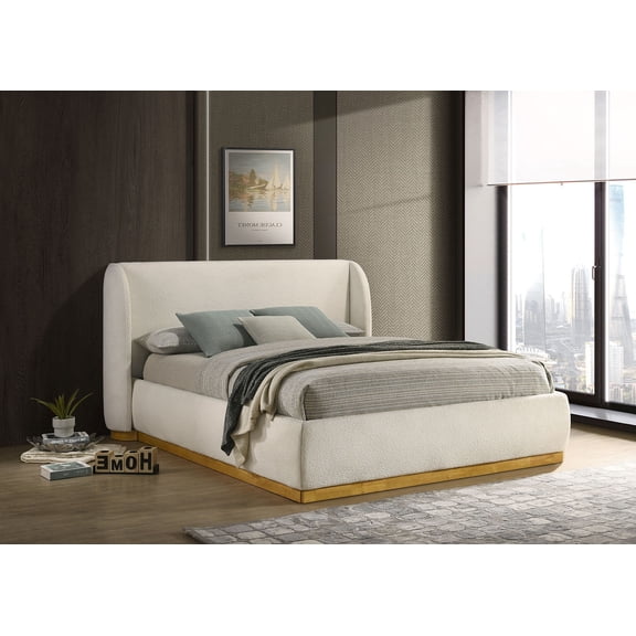 Beautiful 1pc King Size Bed Wingback Headboard Boucle Fabric Two-Tone Finish White Bedroom Furniture