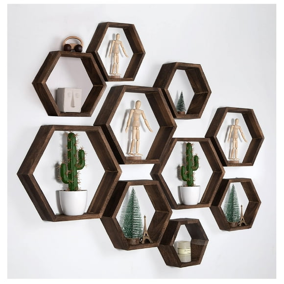 WONFUlity Hexagon Floating Shelves Set of 10, Honeycomb Shelves Wall Mounted Wood Farmhouse Storage Wall Shelf for Bathroom, Kitchen, Bedroom, Living Room,Driftwood Finish Wall Decor, Walnut