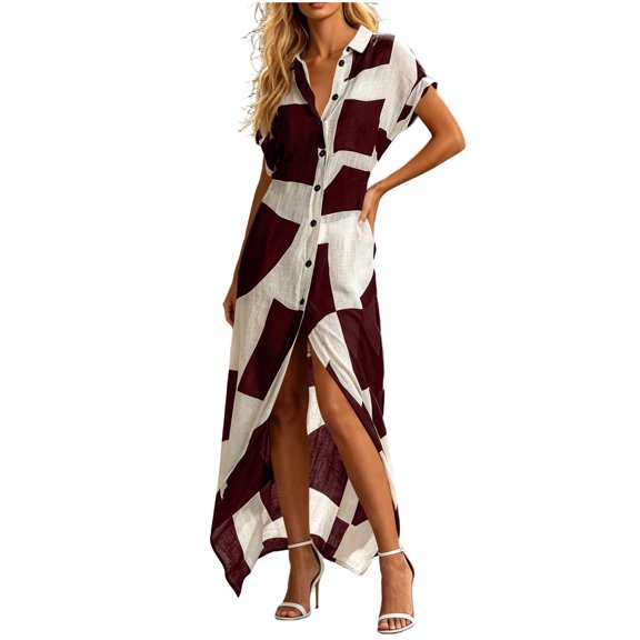 Lopecy-Sta Women’s Shirt Dress Geometric Print Button-Down Maxi Dress with Pockets and Slit for Casual Summer