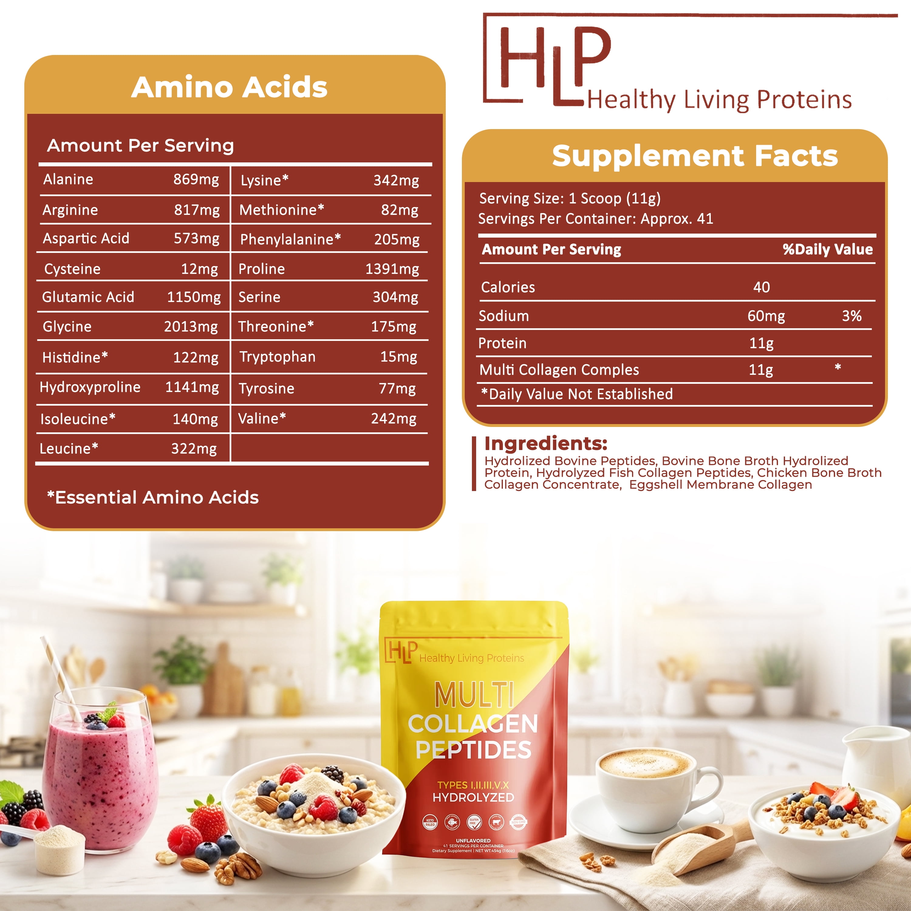 Healthy Living Proteins Hydrolyzed Multi Collagen Peptides Powder with Probiotics, Grass-Fed Unflavored Collagen Protein (Types I, II, III, V, X), Supports Skin, Hair, Nails & Joints, 41 Servings