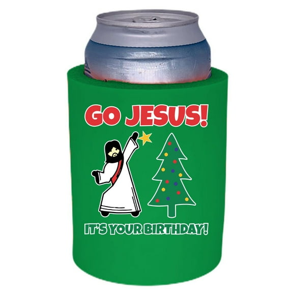 Go Jesus! It's Your Birthday! Thick Foam Old School Can Coolie (Kelly Green)