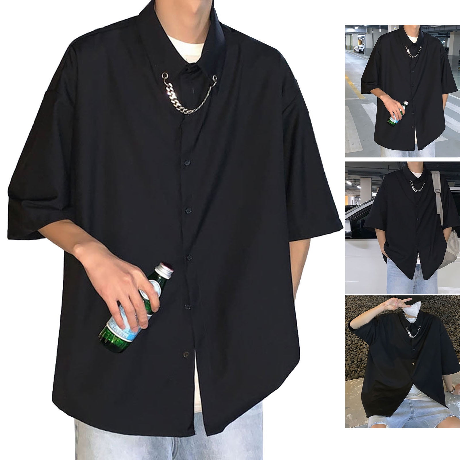 Men Shirt Turn Down Collar 3 4 Sleeve Collar Chain Loose Casual Stylish Open Front Top for Outing Shopping Black L Walmart