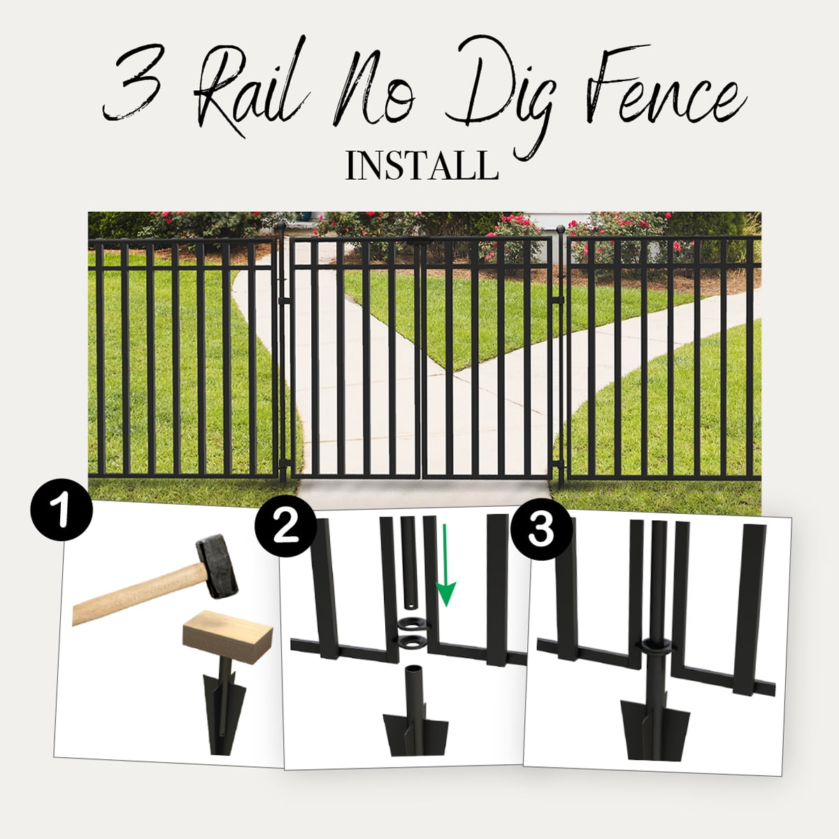 Yardlink Black Steel 3-Rail Fence Panel, 34 inch H x 47 inch W