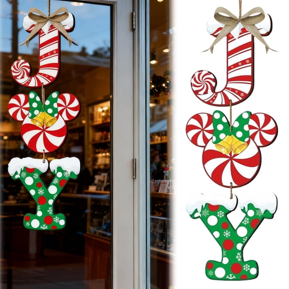 3 Pieces Christmas Joy Door Sign Decorations, Peppermint Candy Mouse Shaped Wreath for Front Door, Wood Joy Wall Sign Door Hanger for Xmas Party Winter Home Holiday Decor with Bow